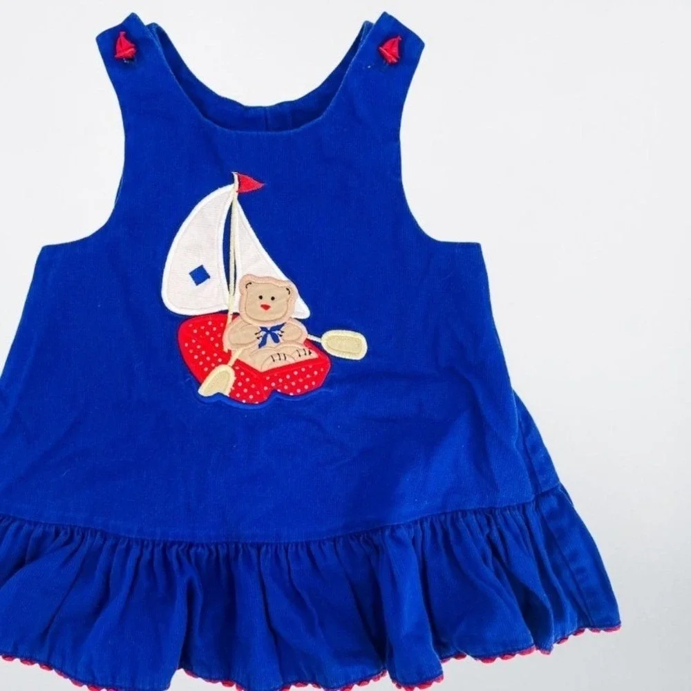Austin &‎ Ashley Girls Blue Corduroy Nautical Bear Sailboat Jumper Dress 4T